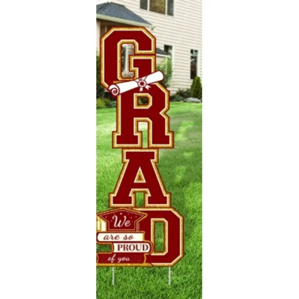 Maroon Gold GRAD Graduation Yard Sign Vertical Outdoor Lawn Decor 41 Inch Stake